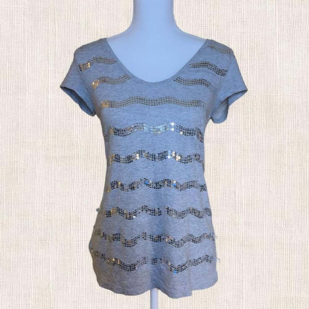 Grey Sequin Striped V-Neck T-Shirt